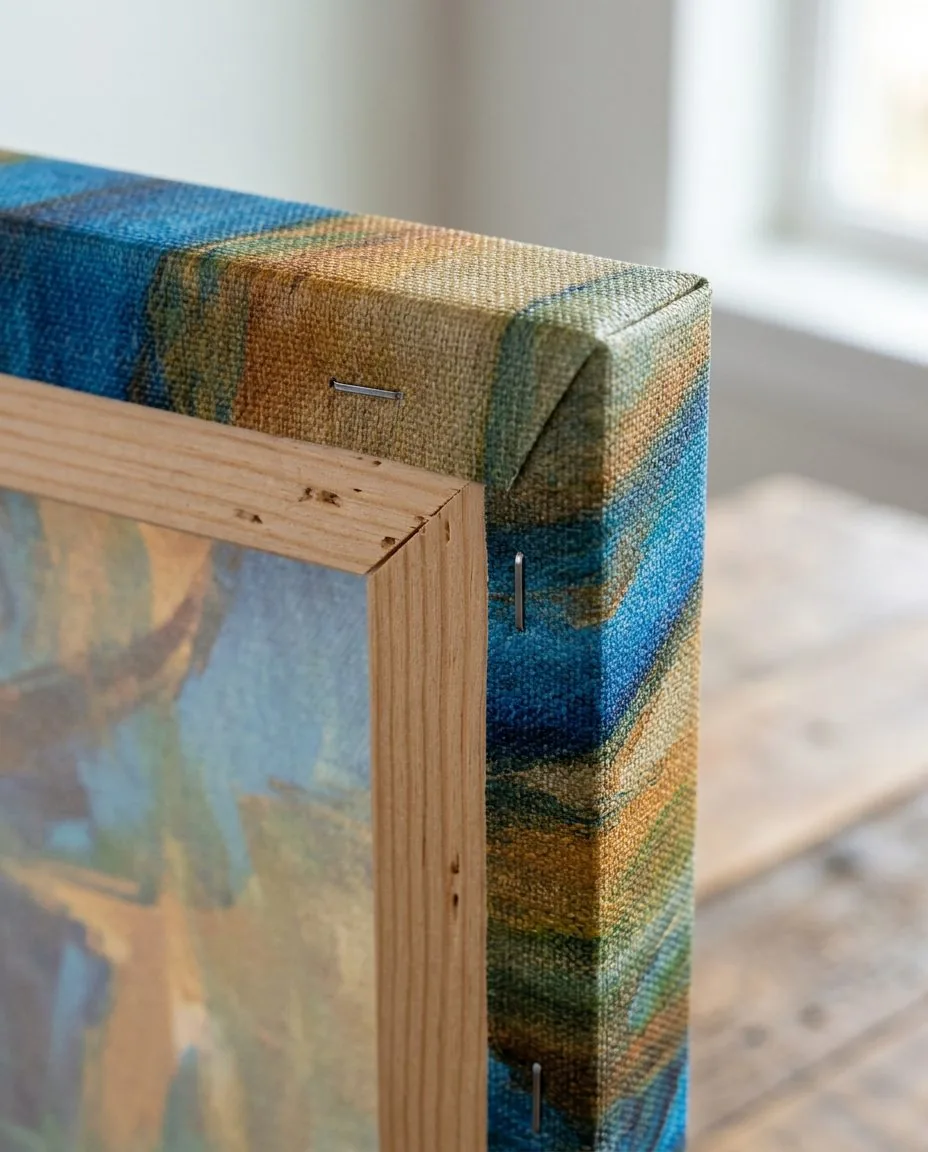 Canvas print edge detail with hand-folded corner on a pine frame